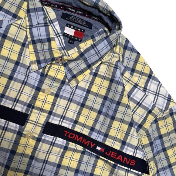 Vintage Y2K Tommy Jeans Hilfiger Button Shirt Plaid Yellow Blue Button Up XL - Picture 2 of 5